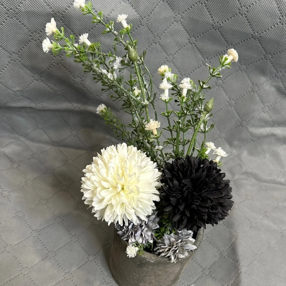 Hand Crafted Edgy Farmhouse Black and White Floral Arrangement in Concrete Decor